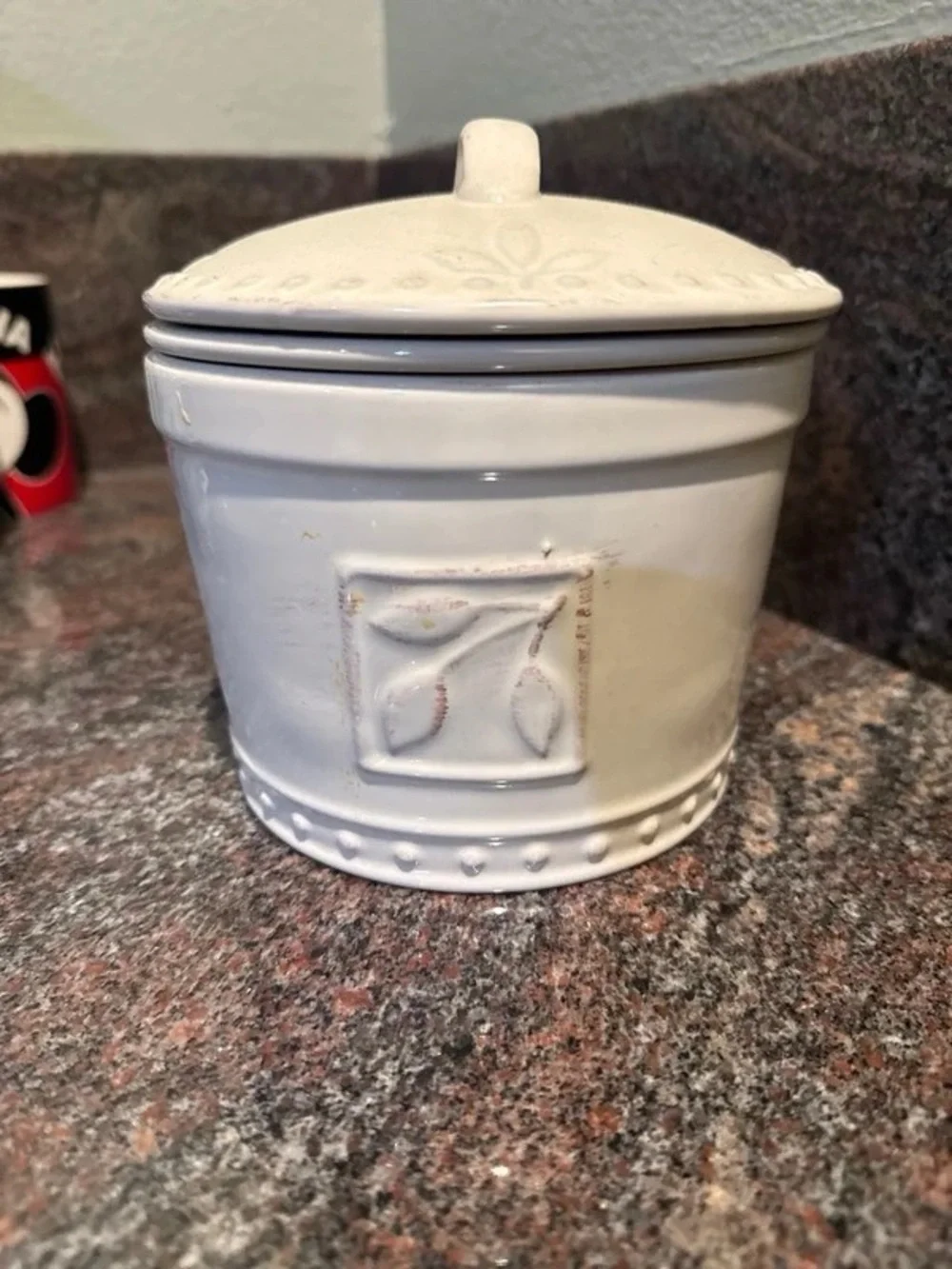 Cream Ceramic Lidded Canister with Leaf Motif